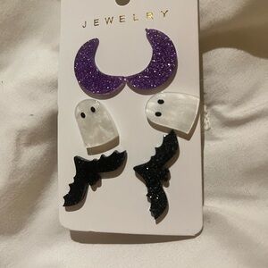 Purple and Black Halloween Earrings Ghost Bat Moon studs set